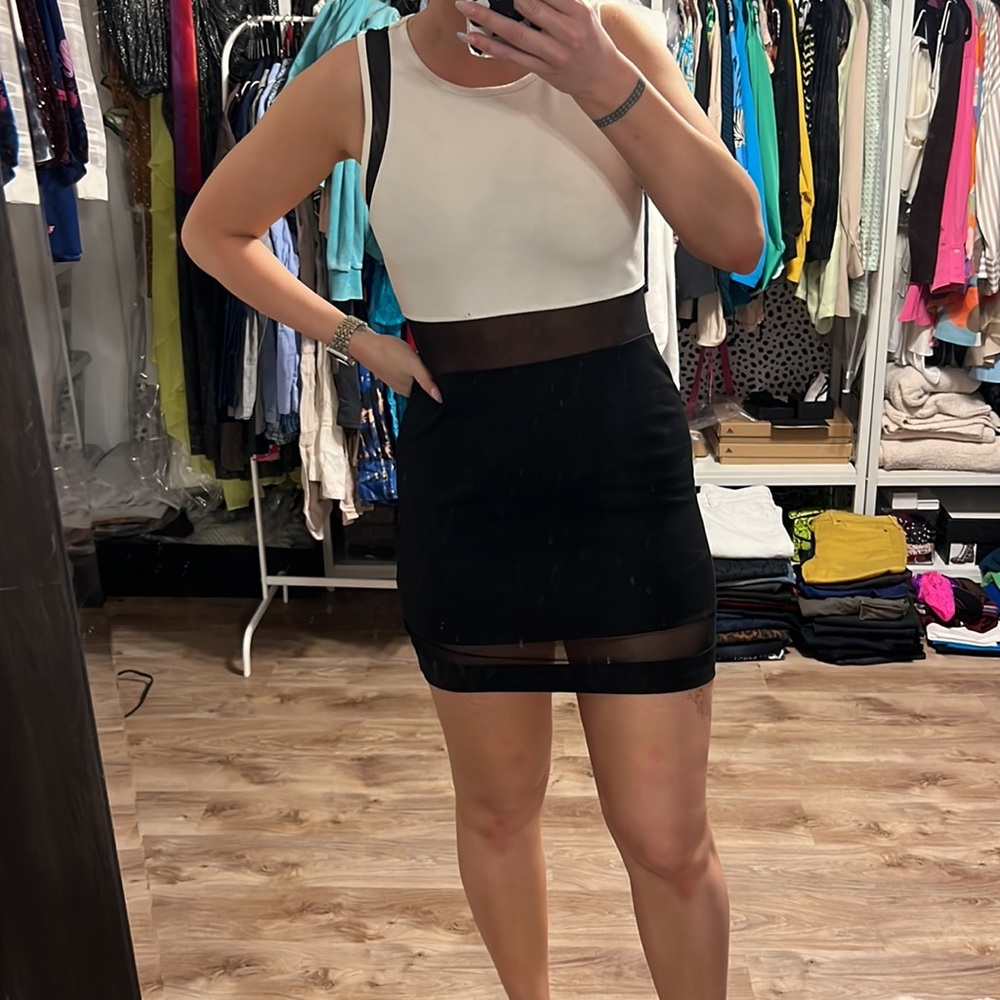 Sauce Black + White Color-block Mesh Cut-Out Dress